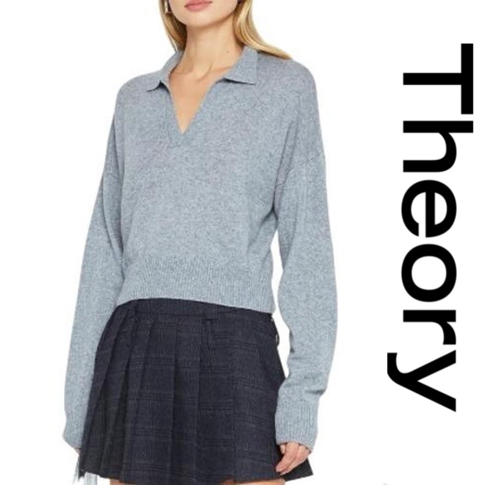Theory 100% Cashmere Slouchy Polo Sweater Husky Grey*NWT
